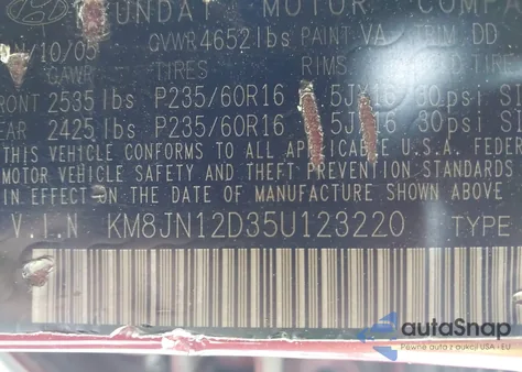 2005 Hyundai Tucson Gls/Lx from USA, damaged, VIN KM8JN12D35U123220